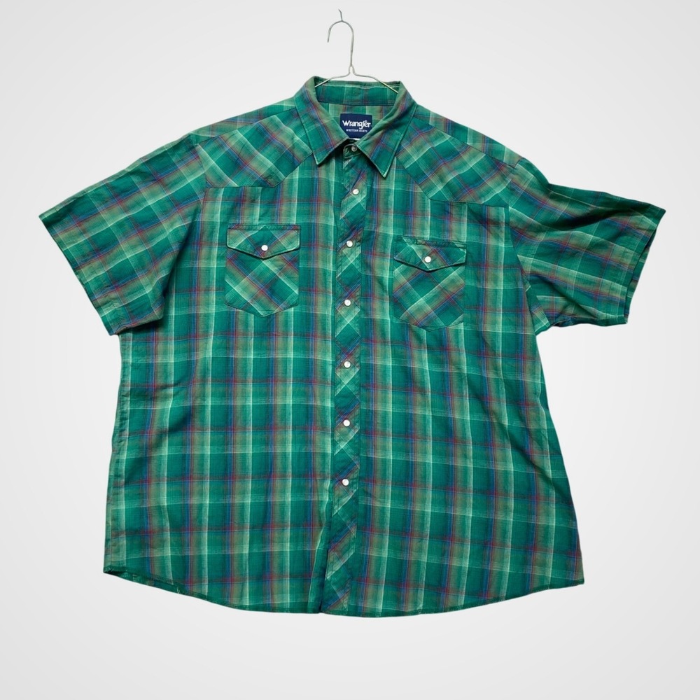 Wrangler‎ Western Shirt Mens XXL Green Excellent Pearl Snap Plaid Short Sleeve